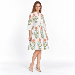 Robe blanche à imprimé floral pour femmes, col en v, manches trois quarts, ligne a, longueur aux genoux, robe décontractée de printemps - Product Image 6