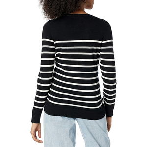 Pull en tricot à col rond à rayures noires et blanches pour femmes, manches longues, décontracté, toutes saisons, 100% coton, anti-boulochage - Product Image 4