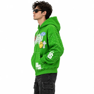 <b>Men's</b> <b>Green</b> Zip Up Hoodie Rhinestone Sleeves Graphic Letter Print Hip Hop Fleece Sweatshirt - Product Image 5