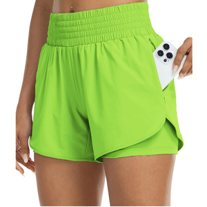 Shorts Deportivos de Cintura Alta para Mujer, Diseño en Capas, Anti-Exposición, con Bolsillos, Ecológicos, para Yoga y Running - Product Image 1