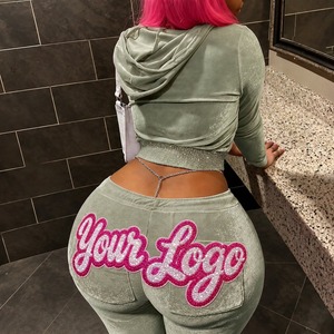 Custom Embroidered <b>Velour</b> <b>Tracksuit</b> Women 320 GSM <b>Velour</b> Logo Embroidery Fashion Brands Wholesale - Product Image 1