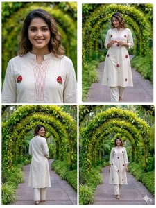 Ensemble haut et pantalon ethnique pour femme PLAZZO Kurta, VISHNU K DESIGNS, en coton, broderie au fil, tenue de soirée formelle, séchage rapide, toutes saisons - Product Image 2