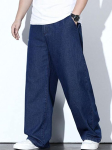 Pantalon en jean large pour homme, bleu foncé, coupe décontractée, en coton, style streetwear, taille mi-haute, couleur unie, tissu tissé, style automne - Product Image 2