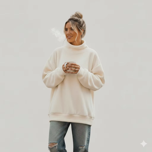 Women Long Oversized Mockneck Warm <b>Brushed</b> Fleece Casual Relaxed Loose Fit Comfortable Winter Street Fashion Front Pullover - Product Image 1