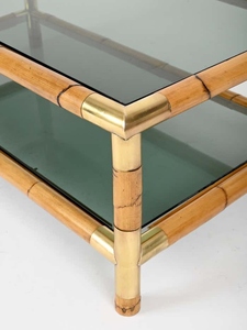 Vintage design <b>bamboo</b> and brass coffee <b>table</b> with smoked glass shelves mid century modern rectangular center <b>table</b> - Product Image 2