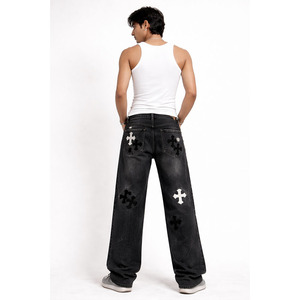 High Quality Custom <b>Design</b> Distressed Cross Patch Denim <b>Jeans</b> <b>Men</b> Stretch <b>Baggy</b> Trousers Fashion Straight Ripped <b>Jeans</b> <b>Men</b> - Product Image 4