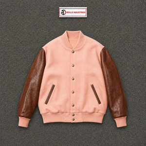 Chaqueta Varsity Rosa Personalizada con Mangas de Cuero Marrón, Chaqueta Bomber de Béisbol para Hombre, Chaqueta Universitaria de Primera Calidad - Product Image 5