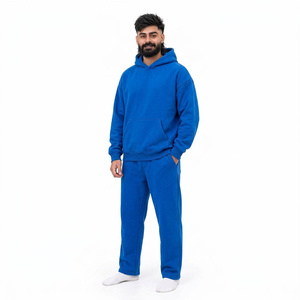Survêtement unisexe épais 2-en-1 imprimé bleu à capuche, manches longues, couleur unie, coton délavé, streetwear, poches latérales, coupe classique - Product Image 1