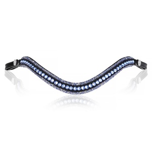 Bandeau de tête pour cheval en cuir rembourré de qualité supérieure, personnalisé, 3 rangées de cristaux bleus et blancs, perles, effet mega-bling. - Product Image 4