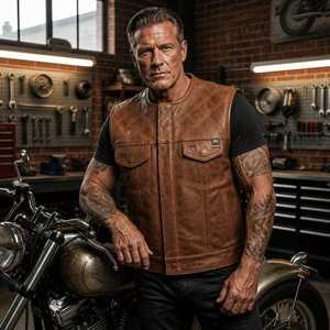 Men's <b>Brown</b> <b>Leather</b> Biker Vest Crew Neck Quilted Pattern Pockets Motorcycle Sleeveless <b>Jacket</b> Eco-Friendly Front Logo Winter - Product Image 1