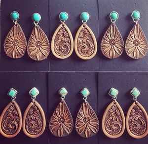 Artisan Tooled Cattle Portrait Leather Vintage Earrings Rustic <b>Western</b> Teardrop <b>Jewelry</b> Cow Head Dangle Opal Country Gift - Product Image 4