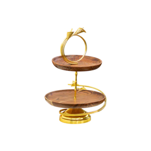 Eco-Friendly 2 Tier Round Acacia Wood <b>Cake</b> <b>Stand</b> With Gold Metal Handle Wooden Dessert Serving Tray And Cupcake Display Tower - Product Image 4