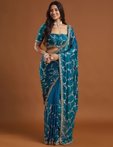 Sari de Mezcla de Seda Bollywood Bordado Reversible KV, Sin Arrugas y de Secado Rápido (Azul) para Fiestas y Bodas de Otoño - Product Image 3