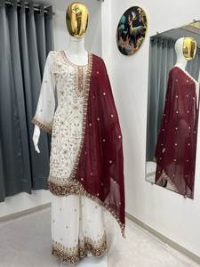 Ensemble de costume Plazzo brodé en Faux Georgette lourd de créateur avec Dupatta - Product Image 4