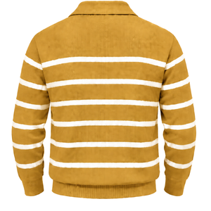 Men's Mustard Striped Quarter Zip <b>Pullover</b> <b>Sweater</b> With Embroidery Logo Front Long Sleeve Knitted Autumn Wear - Product Image 2