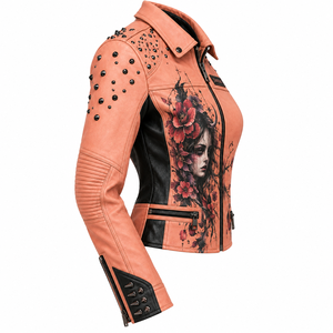 Peach Pink Leather Jacket Womens Floral Gothic Print <b>Studded</b> Shoulder Lapel Collar Zip Pocket Biker Coat Bespoke Manufacturer - Product Image 3