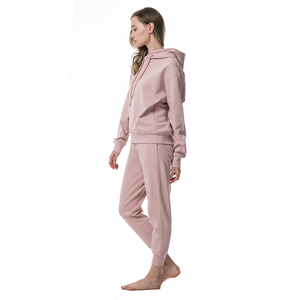 Ensemble de survêtement rose à capuche 2 pièces pour femme, coupe ample, manches longues, en molleton, couleur unie, longueur cheville - Product Image 5