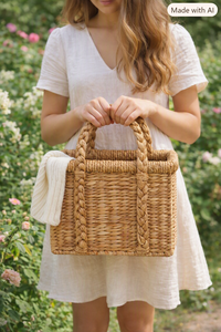 Grand panier rectangulaire Rush Sac à main d'été mignon Sac à bandoulière fourre-tout tissé rond de plage avec poignée - Product Image 5