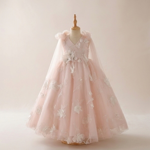 Vestido de Niña para Dama de Honor en Rosa Etéreo, Hecho a Mano con Bordado Floral 3D, Capa de Tul Transparente, Vestido de Princesa para Boda - Product Image 1