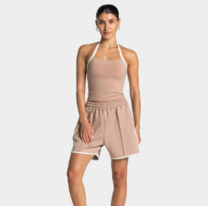 Shorts de sport tricotés pour femmes, beige, à rayures, taille élastique, respirant, coupe régulière, avec poches - Product Image 2