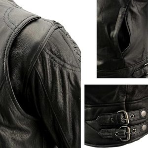 SAMROZ SPORTS Women's Black Leather Lightweight Crinkled Arm Lightweight Racer Jacket - Product Image 2