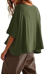 Oversized Cropped <b>T</b>-<b>Shirt</b> Women Short Sleeve <b>Batwing</b> Sleeve Solid Color O-Neck Loose Fit Plus Size Top Green Cotton Knitted - Product Image 2