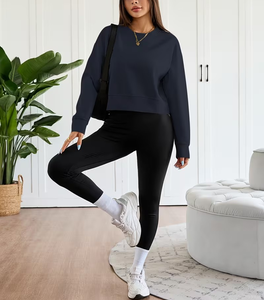Women's Navy Blue Oversized Crewneck Eco-Friendly Fleece Sweatshirt Long Sleeve Woven Solid Color Regular Winter Casual - Product Image 6