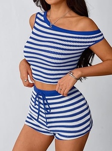 Women's Striped Knitted Crop <b>Top</b> And Shorts Set Off Shoulder Sleeveless Drawstring Waist Blue White Two Piece Outfit - Product Image 3
