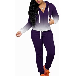 Ensemble de survêtement violet pour femme, couleur unie, manches longues, à capuche, fermeture éclair, décontracté, taille plus, coupe régulière, automne - Product Image 2