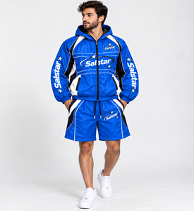 Custom <b>Men</b>’s Windbreaker Tracksuit Set Blue & <b>White</b> Sports <b>Jacket</b> with Shorts Lightweight Polyester Athletic Training Wear - Product Image 1