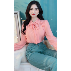 150 GSM Back Neck Sustainable Fashion <b>Women</b> Nine Quarter Raglan Sleeve Modal Blouse <b>Bow</b> <b>Tie</b> Fabric-Covered Buttons Formal Solid - Product Image 6