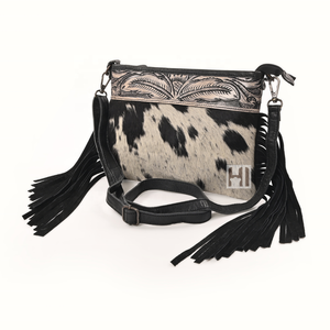 Trendy Cowhide Fur Leather Crossbody Bag | Western <b>Fringe</b> Shoulder Purse | Handmade Custom Zipper Handbag - Product Image 2