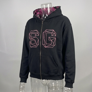 Sudadera con capucha y cremallera SG con estampado geométrico para hombre, corte holgado, color negro, tejido French Terry, informal, para invierno. - Product Image 4