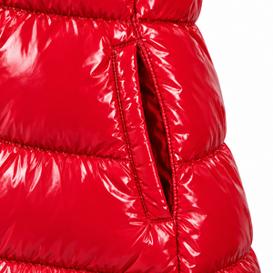 Unisex Customized Thick Hooded Red Glossy <b>Long</b> <b>Puffer</b> <b>Coat</b> with Gray Fur Hood Winter Windproof Color Blocking - Product Image 5