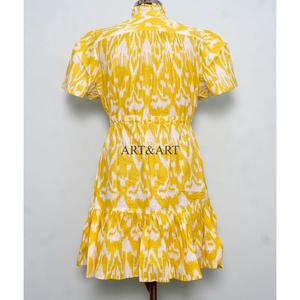 Robe Courte Femme 100% Coton Tricotée Col V Manches Courtes Taille Haute Coupe Évasée Imprimé Floral Style Bohème Lavable pour le Bureau - Product Image 6