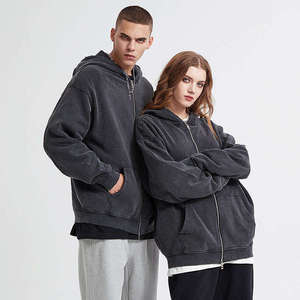 Sweat-shirt à capuche zippé noir épais 100 % coton délavé à l'acide, style vintage, entièrement personnalisable - Product Image 2