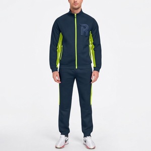 Conjunto Deportivo Informal de Invierno para Hombre, Chaqueta con Capucha Azul Marino y Detalles en Verde Neón, Pantalones con Cordón Ajustable, Corte Regular - Product Image 1