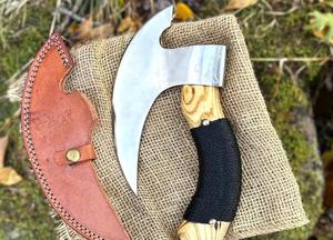 Hand Carved Pizza Cutter : Viking Style Burn Wood Handle ulu knife For Pizza Slicer & Restaurant Used - Product Image 2