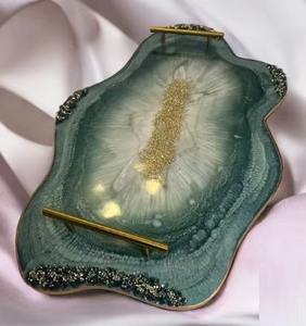 Ensemble de plateaux à bibelots minimalistes en résine écologique peints à la main avec plaque décorative en feuille d'or, plateau de vanité pour la décoration intérieure - Product Image 4
