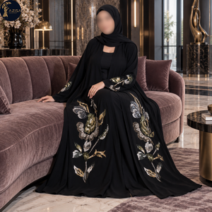 Opulento Vestido Abaya Botánico para Mujer con Mangas Largas y Corte Fluido |   Ropa Musulmana con Bordado Floral Metálico y Detalle en la Espalda - Product Image 3