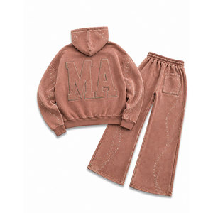 Men Hooded Tracksuit <b>Set</b> 100% Cotton Acid Washed Embossed 450 Gsm Loose Fit Rhinestone Cropped <b>Joggers</b> Casual Wear - Product Image 2