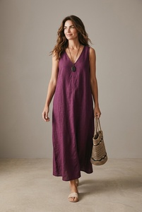 Vestido Maxi sin Mangas con Cuello en V, Corte Regular, Ecológico, Cintura Natural, Ropa Casual de Verano, Tela de Algodón Flexible a Precio de Mayoreo - Product Image 1