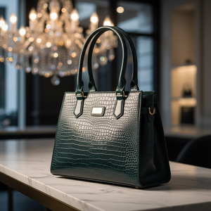 WRIZA Bolso informal de cuero genuino para mujer |   Bolso de Mano Verde Esmeralda con Textura de Cocodrilo Resistente al Agua |   Estructurado con Múltiples Compartimentos - Product Image 4