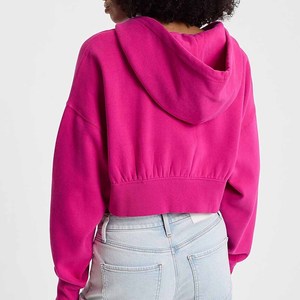 Women's Pink <b>Cropped</b> Hoodie <b>Zip</b>-<b>Up</b> Sweatshirt With Embroidered Logo Front Solid Color Full Sleeve Autumn Wear - Product Image 2