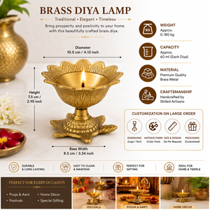 Lámpara de aceite tradicional de latón con base de tortuga y diseño de loto grabado para ceremonias religiosas de Diwali y decoración del hogar - Product Image 5