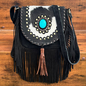 New Western Style Hair on Cowhide <b>Suede</b> Genuine Leather Fringe <b>Bag</b> High Quality Boho Women's Shoulder <b>Bags</b> With Turquoise Stone - Product Image 2