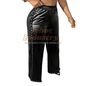 Pantalon en cuir noir pour femmes nouveau clouté coupe ample Style véritable Napa Baggy pantalon en cuir femmes Street Wear mode - Product Image 3