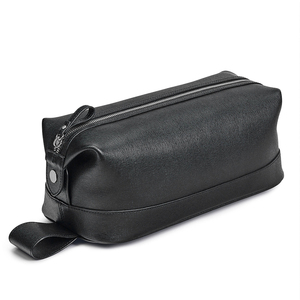 Custom Logo Black Leather <b>Men's</b> Dopp Kit Toiletry Wash Bag Travel Cosmetic <b>Pouch</b> for <b>Men</b>. - Product Image 1