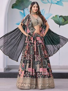Bohemian Embroidered Silk <b>Lehenga</b> Set V-Neck Crop Top A-Line Floor-Length Skirt Black Pink Floral Print Classic Lace-Up Back - Product Image 4