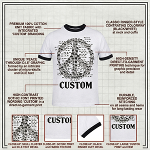 T-shirt blanc pour homme OEM ODM avec col rond, bordure noire, manches courtes, motif signe de la paix et impression de lettres gothiques personnalisées - Product Image 5